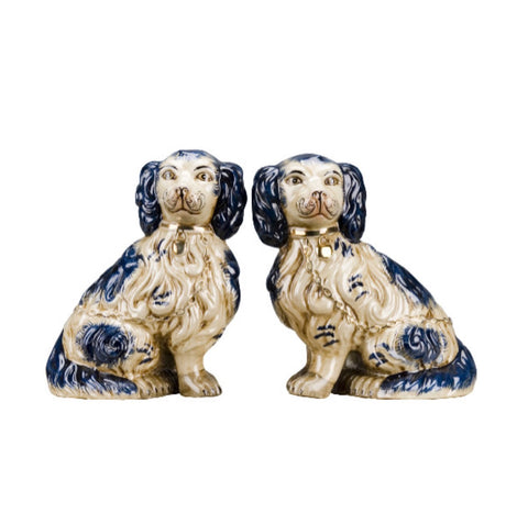 LG Pair Porcelain Blue Spotted Staffordshire Spaniel Dog Figurines King Charles