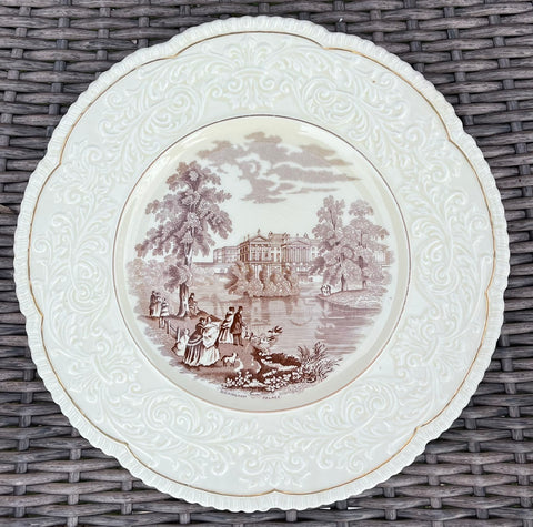 Brown English Transferware Charger Platter Serving Tray Buckingham Palace Swans River Dogs Embossed Border