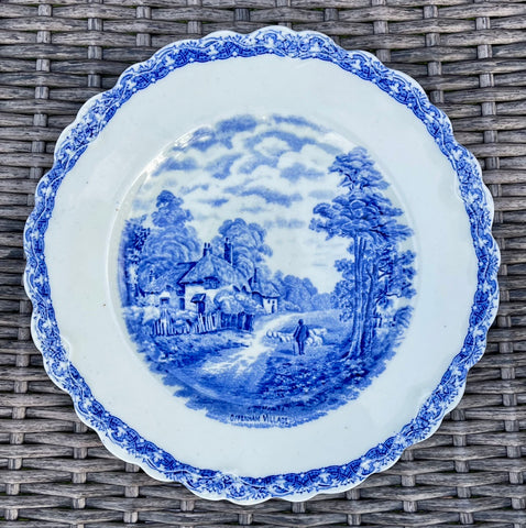 Blue Transferware Embossed Border Plate Staffordshire Rural English Cottages Sheep