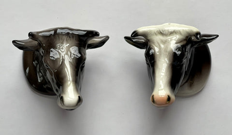 Vintage French Country Figural Bull / Cow Head Figurines Hand Painted Salt & Pepper Shaker Set