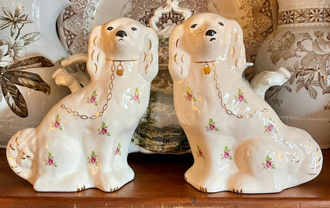 Pair Vintage Pink & Cream Romantic Victorian Rose Chintz English Staffordshire Dogs