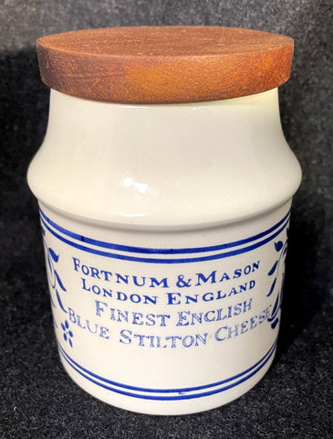 Blue & White FINEST ENGLISH STILTON CHEESE Jar Fortnum & Mason English Ironstone Advertising Canister