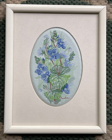 Vintage English Woven Silk Blue/Lavender Speedwell Flowers Matted in Cream Frame