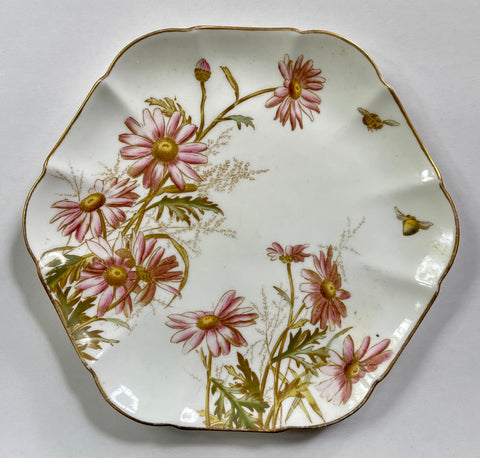 Copy of G J & Sons Botanical Brown Transferware Hexagon Plate Aesthetic Bees & Pink Daisies C 1884