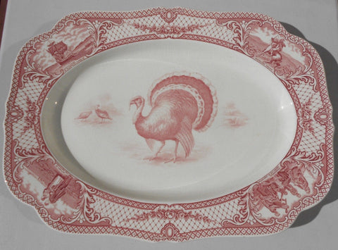 Antique Red Pink Transferware Thanksgiving Turkey Platter Crown Ducal Colonial Times