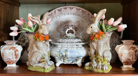 Pair of 14" Majolica Bunny Rabbit Vases / Planters w/ Flower Basket on his Back Figurine