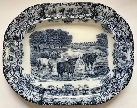 Scenic Cattle Drive Cow Platter Antique Wedgwood Dark Navy Flow Blue Transferware