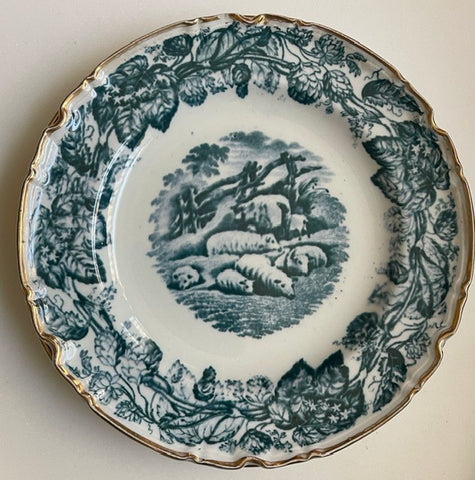 English Victorian Flow Blue / Teal Transferware Plate Copeland Spode RURAL SCENES by DUNCAN Grazing Sheep