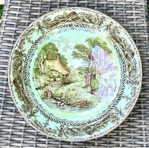 VERY RARE Silver Overlay  XL Serving Bowl A J Wilkinson Rural Scenes Brown Transferware  Mother Children Cottage