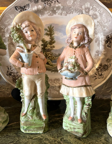 Antique Pair Figurines Boy & Girl w/ Potted Flowers  Birdcages Hand Painted