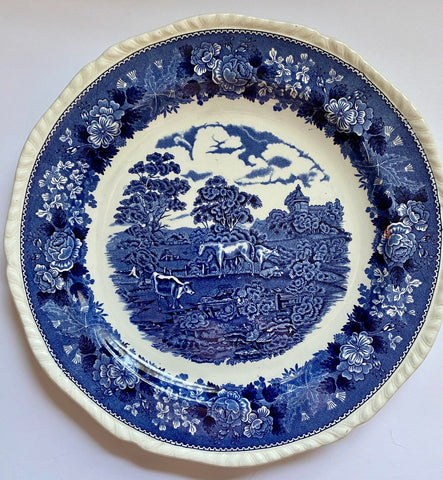 13” Blue Transferware  Wall Plaque Charger Platter Grazing Cattle Cows Sheep Horses w/ Rose Border English Scenic