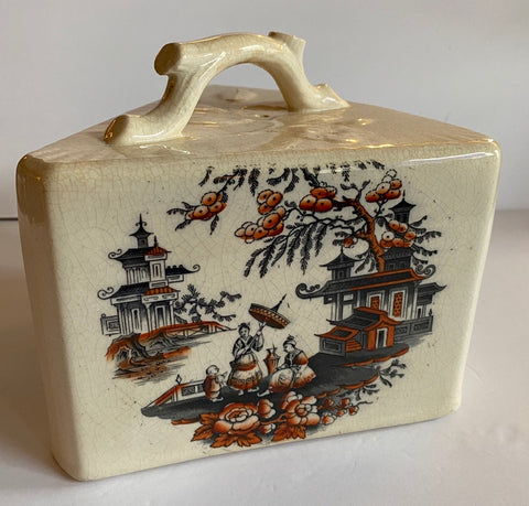 Antique English Victorian Transferware Cheese Keep Triangle Chinoiserie