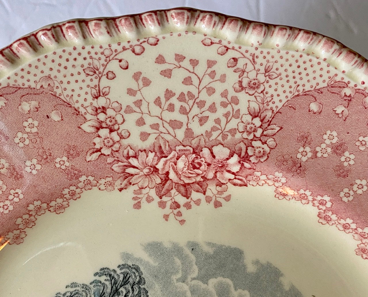 Antique English Pink / Red & Black Bi Color Transferware Scenic Plate
