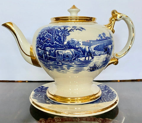 Antique A Wood Blue & White Transferware Teapot Horses Highland Scottish Cattle