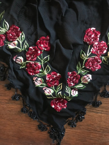 Vintage Embroidered Roses Black Shawl Silk Scarf w/ Elaborate Black Beaded Trim