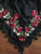Vintage Embroidered Roses Black Shawl Silk Scarf w/ Elaborate Black Beaded Trim