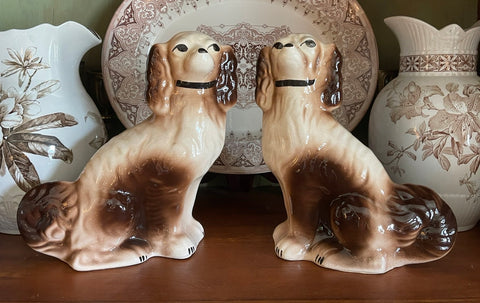 Large Pair of Vintage Chocolate Brown Spots  English Staffordshire Spaniel Dog Figurines  - English Country Decor