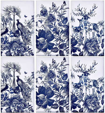 Set of 6 Blue & White Toile Chinoiserie Dish or Tea Towels - (2 of each) Peacock Deer & Floral