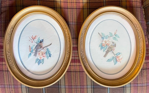 Vintage Pair Antique Oval Framed Bird & Flower Botanical Prints