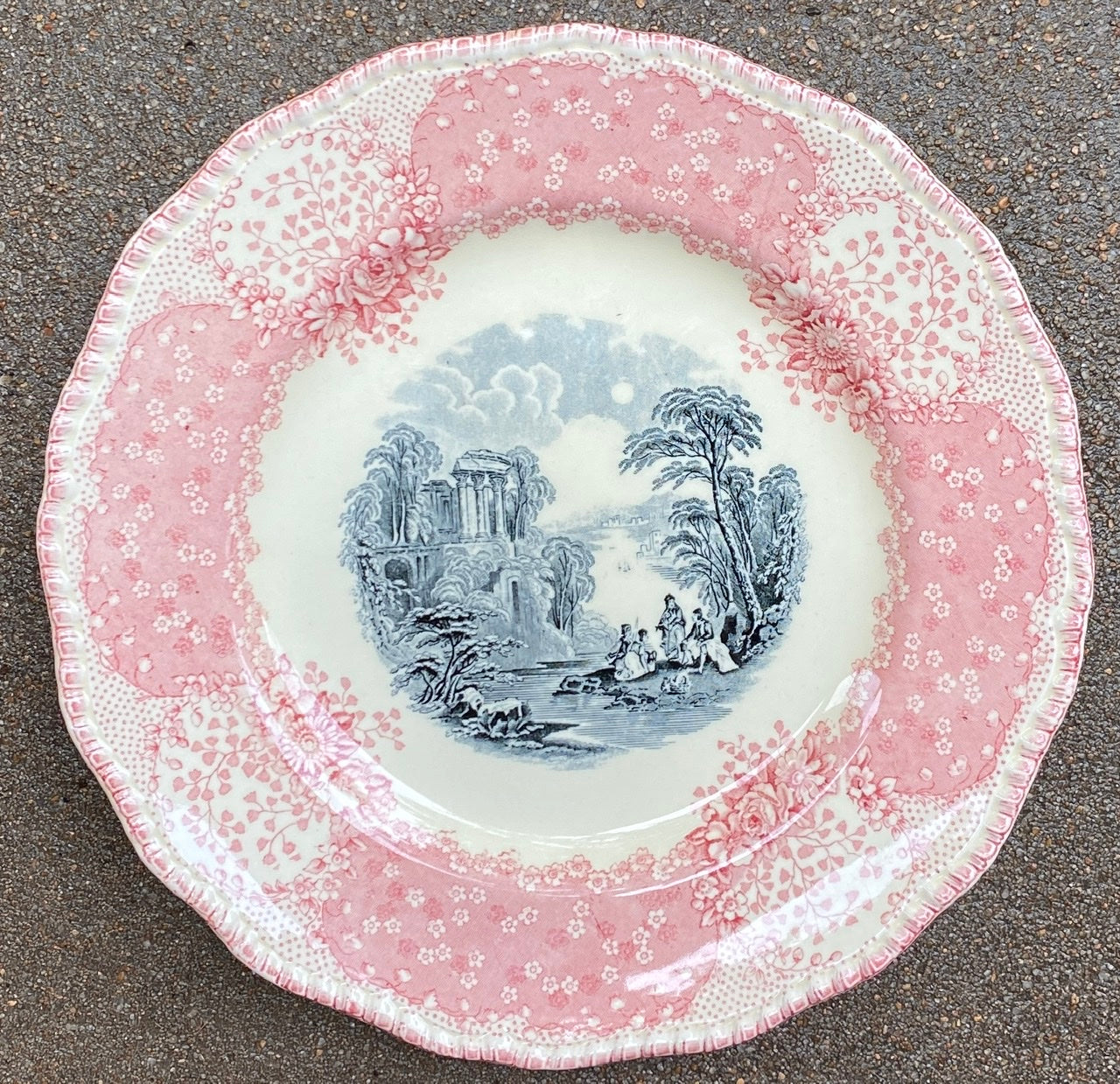 Antique English Pink / Red & Black Bi Color Transferware Scenic Plate