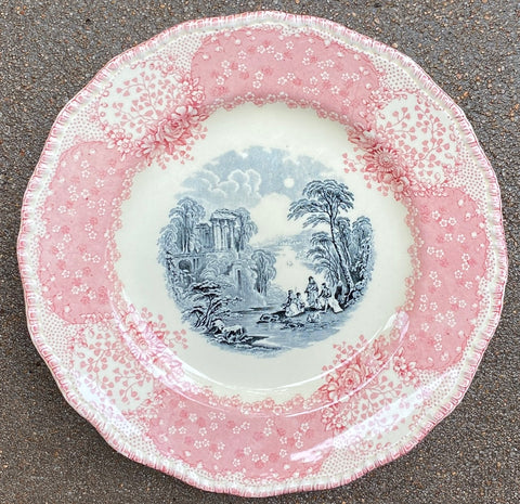 Antique English Pink / Red & Black Bi Color Transferware Scenic Plate Royal Doulton Chatham 9"
