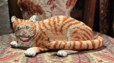 Vintage / Antique Figural Shaped Needlepoint  Tabby 🐈 Cat Pillow / Doorstop