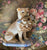 Vintage Bulldog Tan & Cream Staffordshire Dog Figurine w/ Blue Bow & Basket of Puppies - English Country Decor