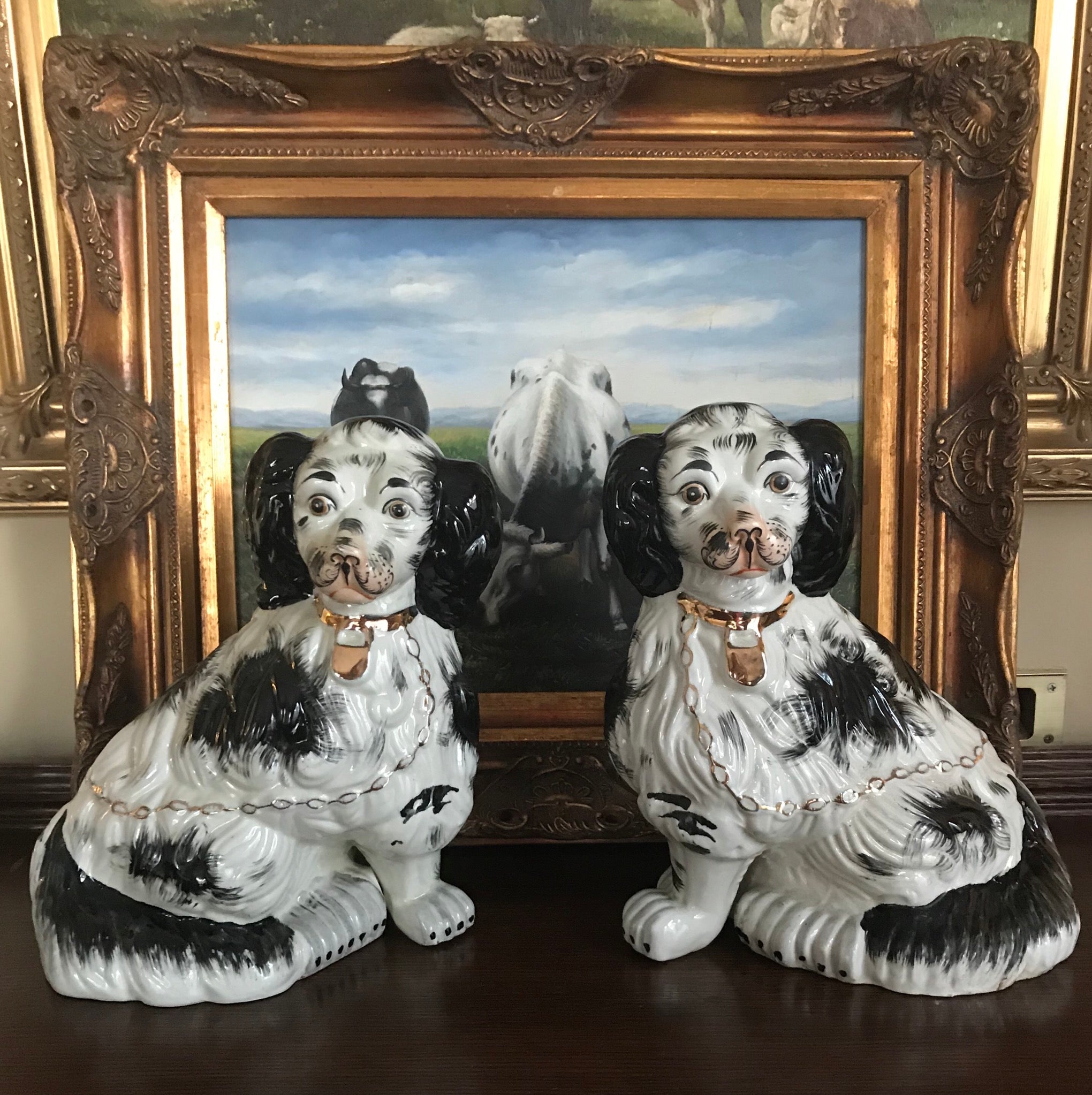 Vintage X Large Black White Gilt English Country Spaniel Staffordshire Dog Figurine