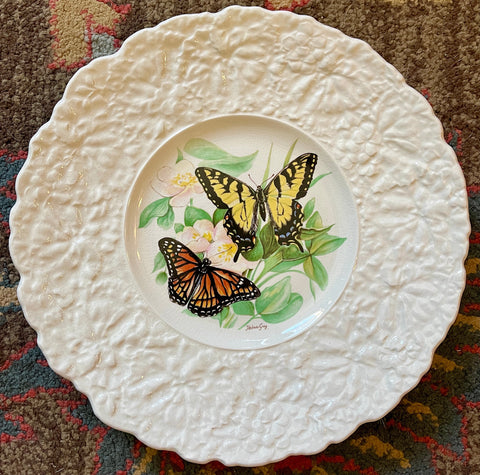Antique Artist Signed English Butterflies Series Plate Relief Border Tiger Swallowtail & Viceroy