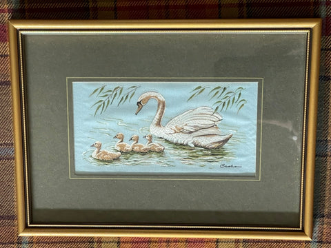 Vintage English Woven 🦢Mute  Swan Family Matted & Gold Frame