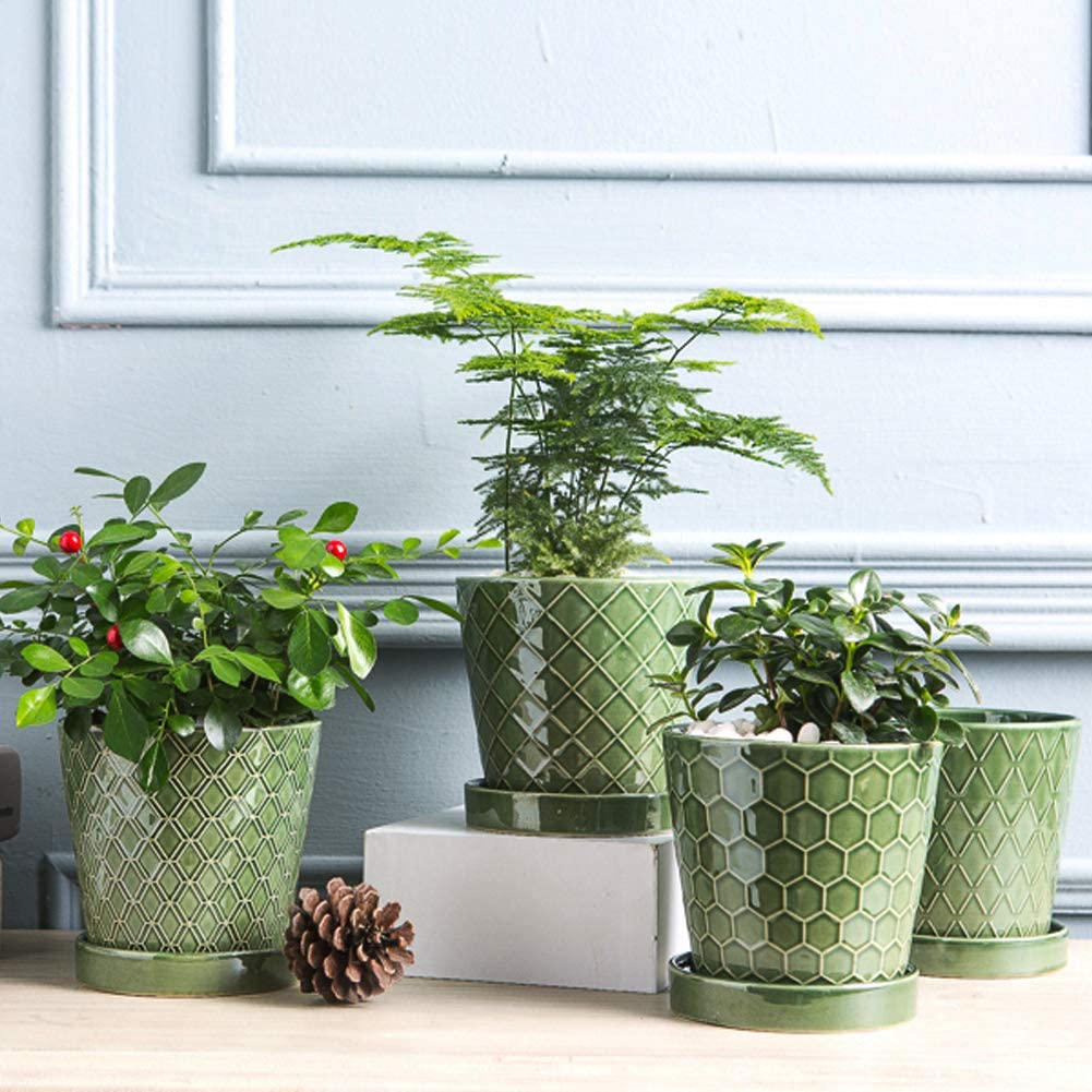 plant with ceramic pot Set of Four (4) Different Majolica Glaze Green Ceramic Flower Pot Plan