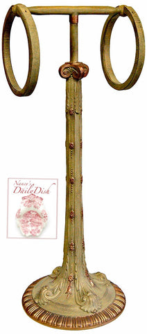 Tall Antique'd Gold & Green Hand Finished French Acanthus Scroll Double Ring Towel Holder Stand
