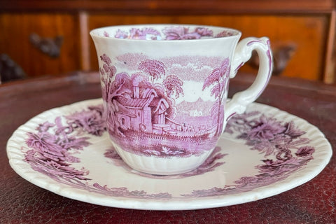 Purple Transferware Demi Demitasse Cup & Saucer English Cottage Scenery Booths