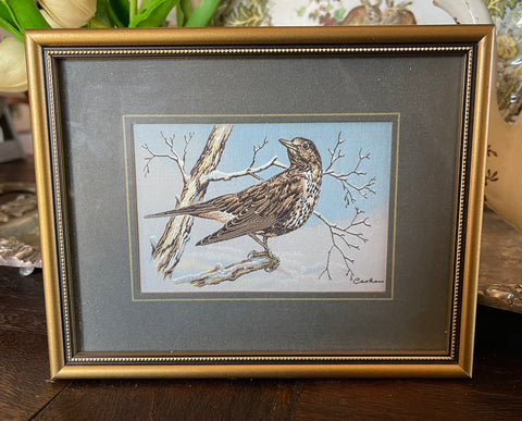 Vintage English Woven Silk Mistle Thrush Bird in Branc Matted & Gold Frame