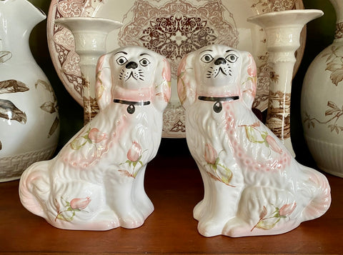 Vintage Rare Pair of Pink & Cream Shabby Rose Buds English Staffordshire Spaniel Dog Figurines