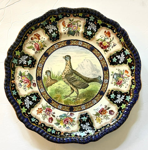Copeland Spode Upland No 4 Woodcock Game Bird Enameled Clobbered Antique Bi Color Transferware Plate