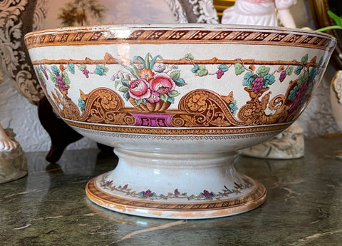 Antique 1890 Furnival English Polychrome Lustre Transferware Footed Punch Bowl Compote Soup Tureen