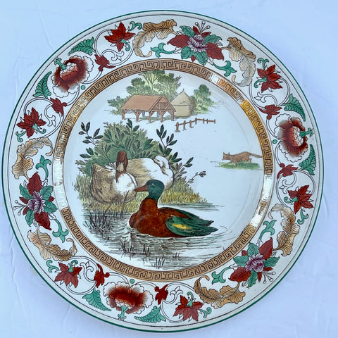 Wedgwood Circa 1903 Lustre Enameled Clobbered Antique Transferware Ducks & Fox Plate