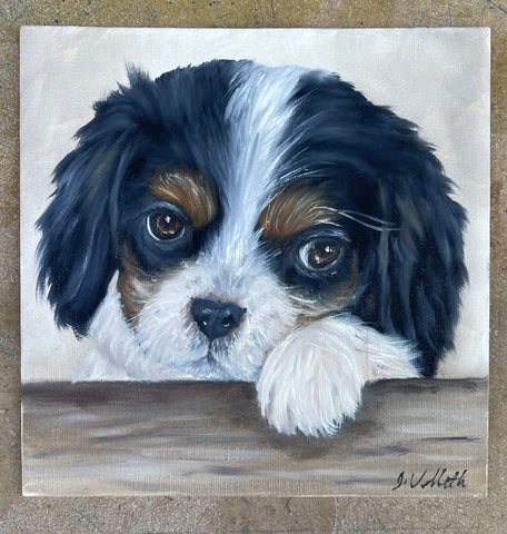 Hand Painted Oil English Spaniel Puppy Dog  Artist Signed Original Painting