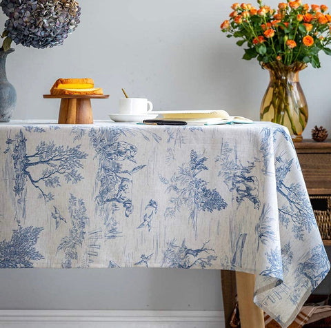 Blue Toile Tablecloth 52" x 70"  New Bucolic Sheep Horses Dogs