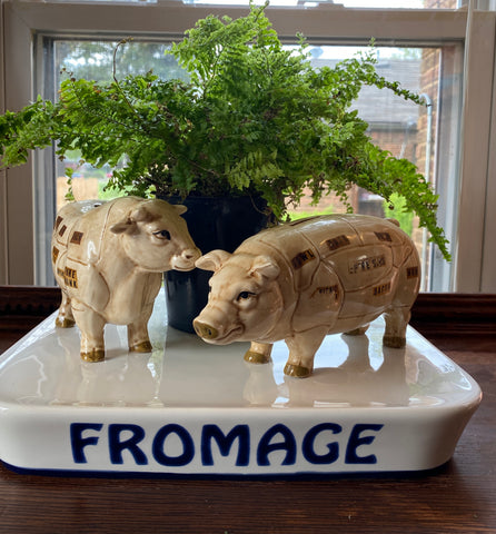 Vintage Antique Country French Pork Cuts Pig / Hog Figurine Bank