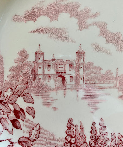 Pink Red Toile TRANSFERWARE 10” Plate Castle on Lake Foxgloves Roses