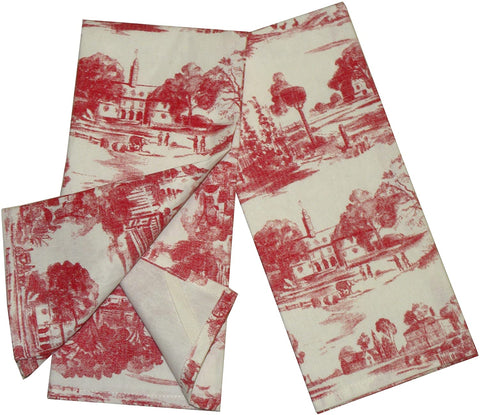 Pair of Red Toile Colonial Country French w/ Cows Dish or Tea Towels
