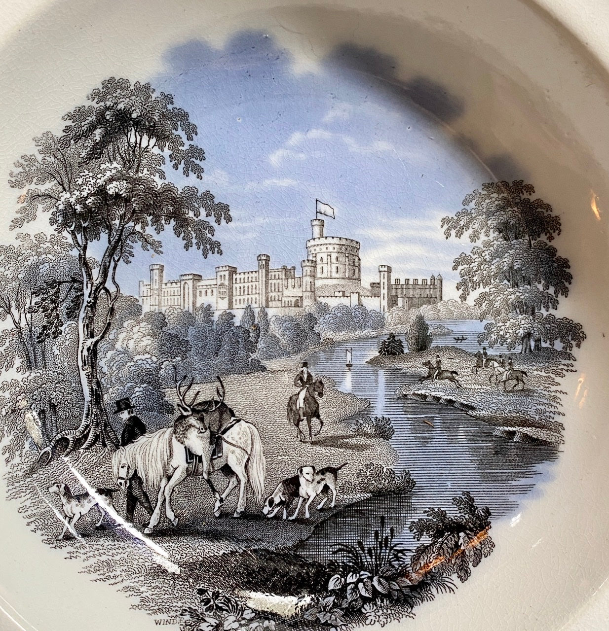 Two Color Mulberry Black Transferware 10” Rim Bowl Hunt Scene Windsor
