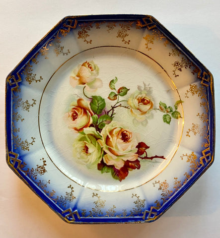 Flow Blue Octagon Plate w/ Painted Peach & Cream Roses * Gold / Gilt Accents