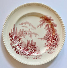Pink Red Toile TRANSFERWARE 10” Plate Castle on Lake Foxgloves Roses