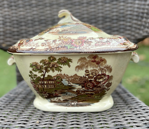 Large Brown Toile English Transferware Soup Tureen Tonquin Flowers Ros