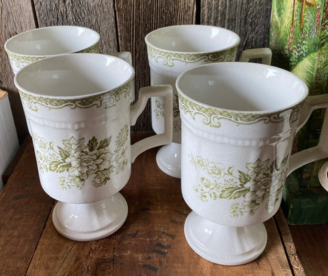 Rare Set of 4 Sage Green Transferware Tall Footed Mugs Cup Roses Bird Butterfly