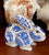 Vintage Pair of Blue & White Mosaic Stoneware Rabbit Figurines / Candle Holders