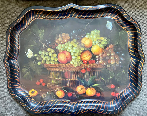 Vintage Rattan / Bamboo Basket of Fruit Still Life Butterfly Snail Botanical Tole Tray Toleware